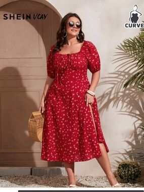 SHEIN Red Floral Puff-Sleeve Midi Dress